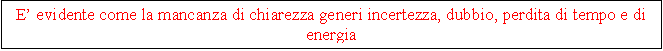 Casella di testo: E evidente come la mancanza di chiarezza generi incertezza, dubbio, perdita di tempo e di energia